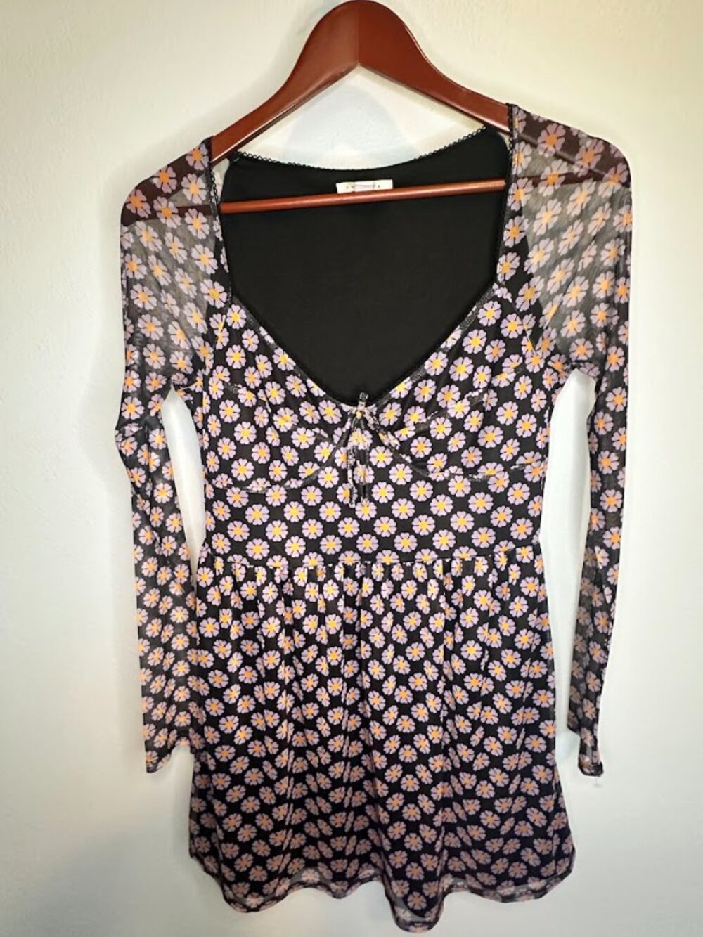 Topshop Floral Daisy Retro Print 90s Style Mesh Babydoll Mini Dress - size 4-6